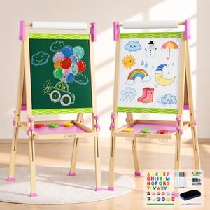 Doselie Easel for Kids,Adjustable Wooden Kids Art Easel with Paper Roll,Double-Sided Magnetic Toddler Easels,Dry Erase Whiteboard and Chalk Board,Toys for 3 4 5 6 7 8 9 10 Year Old Girl Boy Gift
