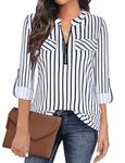 Gemulate Women Tops Zip Up Plaid Tunic Blouse 3/4 Sleeve Tops for Women UK Plus Size Clothing for Women Floral Printed Shirts -Stripe White 1, M