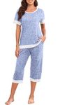 VINTATRE Women's Pajama Set Short Sleeve Shirt and Capri Pants Sleepwear Pjs Sets Lounge Set Spot Blue-XL