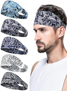 AWUMBUK Sports Headbands for Men, Sweat Bands Headbands Men Absorbent Head Band Stretchy Sweatbands 5 Pack Hair Band Workout Football Running Cycling Fitness