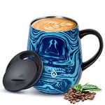 Ideus Coffee Mug 470ml (16oz), Double Wall Vacuum Insulated Stainless Steel Coffee & Tea Cup w/Non-Slip Handle & Slider Module Lid & Large Volume (Blue-Zebra)