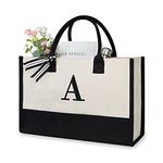 Personalized Initial Canvas Beach Bag, Monogrammed Gift Tote Bag for Women, Black & White, Medium, A