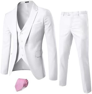 YND Men's Slim Fit 3 Piece Suit, One Button Jacket Vest Pants Set with Tie, Solid Party Wedding Dress Blazer, Tux Waistcoat and Trousers White