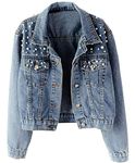 Kedera Women Oversized Denim Jacket Embroidered Pearls Beading Jeans Coat, Blue, X-Large