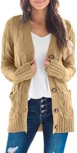 MEROKEETY Women's 2024 Fall Long Sleeve Cable Knit Sweater Open Front Cardigan Button Loose Outerwear Khaki