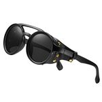 KEITHION Steampunk Style Round Vintage Sunglasses Retro Eyewear For Men Women With Leather Side Glasses (Black)