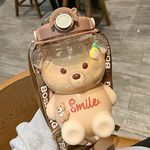 Merrwon Cute Teddy Bear Water Bottle, Kawaii Bear Shaped Water Bottle with Straw and Stickers Bear Drinks Bottle, Leak Proof Drinking Water Bottle with Shoulder Strap for Girls Travel School 1L