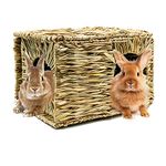 HYLYUN Extra Large Grass House for Rabbits - Hand Crafted Natural Grass Hideaway Foldable Bed Hut with Openings Playhouse for Bunny Guinea Pig Chinchilla Ferret for Play and Sleep