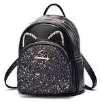 Mini Backpack for Women Cute Cat Ears Design, Leather Small Backpack Purse for Teen Girls with Sequin Decoration (black)