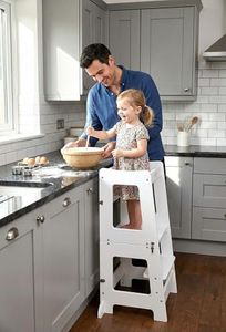 Stepup Baby 2-in-1 Convertible Toddler Tower White – Wooden Montessori Kitchen Helper Standing Tower & Kids Table from 18mm Birch Plywood – Safe Folding Design Ages 2–6