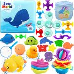 Chennyfun Dolphin Baby Bath Toy Set, 32PCS Floating Ocean Animal Themed Bath Squirt Toys With Baby Bath Books, Suction Spinners, Fishing Net, Education Teaching and Learning Toys for Toddlers and Kids