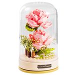 MEIEST Building Blocks Flowers Bouquet Set with Music Box and Dust-Proof Dome,DIY Simulation Artificial Particle Flower Collection Construction Building Bricks Toy,Home Decors (Pink Rose)