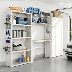 FLEXIMOUNTS Garage Storage Cabinet System, 3-in-1 Modular Metal Tool Cabinet w/ Workbench and Particle Board Shelf Includes Pegboard, 24-Gauge Steel, 117"(L) w/ 4 Doors, White, FLEXIMOD Series
