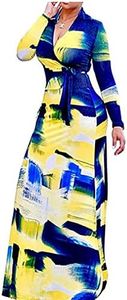 Locryz Women's V Neck 3/4 Sleeve Digital Printed Loose Long Maxi Party Dress with Belt (XL Blue 1)