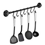 MaxHold No-Drilling/Suction Cup Utensil Rack with 7 Hooks - Vaccum System - Stainless Steel Never Rust -Black - for Bathroom & Kitchen