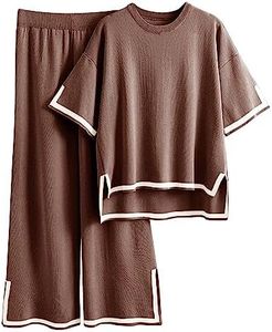 Tanming Sweater Sets Women 2 Piece Lounge Sets Short Sleeve Knit Pullover Tops Wide Leg Pants (Brown-L)