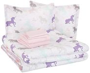 Amazon Basics Kids Bed-in-a-Bag Microfiber Bedding Set, Easy Care, Full/Queen, Purple Unicorns-Set of 7 Pieces