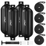 OBAKL Boat Fenders 4 Pack 10 x 30 Inches Ribbed Twin Eyes Boat Fenders Bumpers for Docking, Comes with Ropes and Pump to inflate(Black)