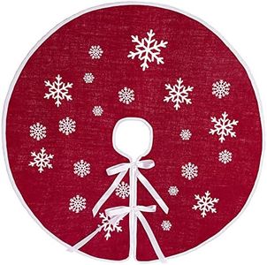 MACTING Christmas Red Tree Skirt, 48 Inch Large Countryside Burlap Tree Skirt with White Snowflakes Printed for Home Holiday Party New Year Xmas Decorations