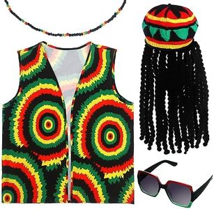 Cindeer 4 Pcs Halloween Jamaican Costume Accessories Rasta Hat with Black Dreadlocks Wig Jamaican Vests Sunglasses Necklace (Vintage)