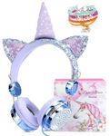 Kids Headphones, Unicorn Sparkly Rhinestone Childrens Headphones for Girls, Wired Headphones Over ear with Unicorn Bracelet Gift, Adjustable Stereo Headphones w/Mic and Volume Control (Fairy blue)