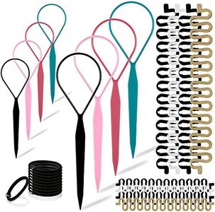 Topsy Hair Tail Tools Set,TsMADDTs Hair Braiding Tool Set 8 pcs Topsy Tail Tools 8 pcs French Centipede Braiders for French Twist Plait Ponytail 10 pcs Black Hair Ties Bulk