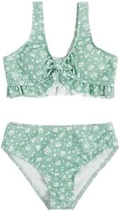 Milumia Girl's Cute Two Piece Bikini Set Dalmatian Print Frill Trim Knot Swimsuit Floral Green 10 Years