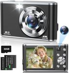 Digital Camera 4K, 48MP Autofocus Camera Selfie with Front and Rear Dual Lenses, 32GB Card, 2 Batteries, 16X Digital Zoom, Compact Travel Vlogging Video Camera for Kid Teen Beginner (Black)