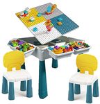 7-in-1 Kid's Activity Table - Toy Storage, Dining Table, Desk, Drawing Board, Paddling Pool, Indoor/Outdoor Sandpit, and Building Blocks Compatible (Table&Two Chairs)