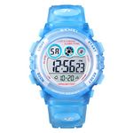 SKMEI Polyurethane Kids Sports Watch, Multi Function Digital Kids Watches Waterproof Led Light Wristwatches For Boys Girls (Black) (Light Blue),White Dial,Blue Band