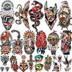 77 sheets Classic Temporary Tattoos Old School Tattoos Stickers, Sailor Jerry Style Vintage Design Fake Tattoo, American Traditional Flower Rose Arm Temporary Tattoos for Women Men Adults Kids