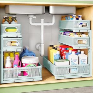 Under Sink Organizer, 2-Pack 3-Tier Height Adjustable Thickened Metal Pull out Cabinet Organizer Shelf, Slide out Storage Drawer Rack for Bathroom Kitchen Pantry Home Organization, LightBlue