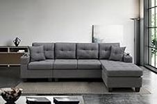 Reversible L-Shape Corner Sectional Tufted Linen Fabric Sofa Couch with Built-in Arm Cup Holder and Chaise Lounger (96" L x 57.5" W x 34”H) (Grey)