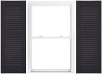 Duralok Vinyl Exterior Shutters | One Pair | Louvered 50/50 Split Cathedral Top Exterior Window Shutters | 14.5" x 52" | Black | Simple Installation + Hardware Included | Made in The US