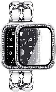 Mosonio Compatible for Apple Watch Band 46mm with Screen Protectors Case Women, Jewelry Metal Bands with 2P Bling Cover for iWatch Series 10(Silver Link with White Leather)