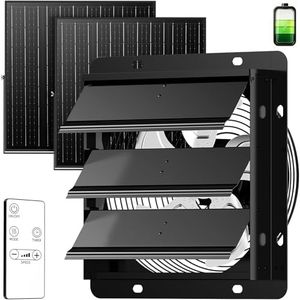 Windfox Solar Powered Exhaust Fan 10'', Solar Greenhouse Fan with Dual Solar Panels & Built-in Rechargeable Battery, Remote Control, Waterproof Ventilation Fan for Attic, Garage, Workshop, Shed