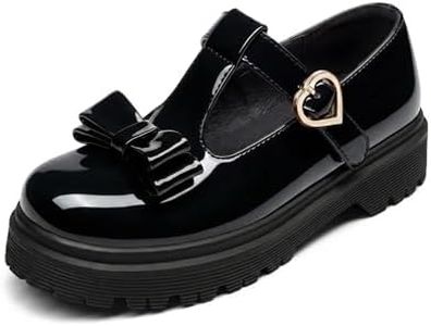 Coutgo Girls Mary Jane Dress Shoes Chunky Platform Loafers School Uniform Closed Toe T Strap Flats with Bow, Black, 4 Big Kid