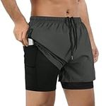 FUNARTY Mens 2 in 1 Running Shorts Gym Shorts with Liner,Athletic Shorts Dry Fit Workout Shorts with Zip Pockets, 1pack Grey, Medium/7" Inseam