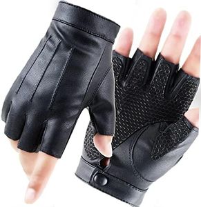 LJCZKA Fingerless Leather Men's Half Finger Gloves Men's Leather Non-Slip Motorcycle Driving Gloves - Black