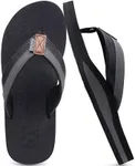 KuaiLu Men's Leather Flip Flops Arch Support Summer Beach Pool Water Thong Sandals Waterproof Rubber Walking Shoes Slip on Orthotic Casual Sport Cushioned Wide Slides Shower Slippers Black Size 9.5