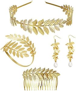 JeweBella 4 Piezas Juego de Diosa Griega Accesorios para Mujer Dorado Romano Hojas de Laurel Corona Diademas Brazalete de Brazo Superior Brazalete Perla Pendientes Colgantes para Boda Toga Fiesta