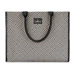THE CLOWNFISH Opulence Series Multipurpose Handbag For Women Box Bag 14 inch Laptop Bag Tote Printed Handicraft Fabric & Faux Leather Bag (Black-Geometric Design)