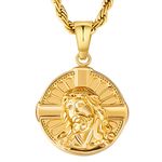 KRKC&CO Mens Coin Pendant Necklace, Crucifix 18K Gold Plated Stainless Steel Chain Necklace, Medallion Amulet Religious Necklace for Men and Boys