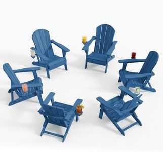 PLUUV Folding Adirondack Chair Set of 6, Easy Storage Space Saving, 380 LBS Capacity Weather Resistant HDPE with Two-Cup Holder for Outdoor Patio Fire Pit Gathering, Navy