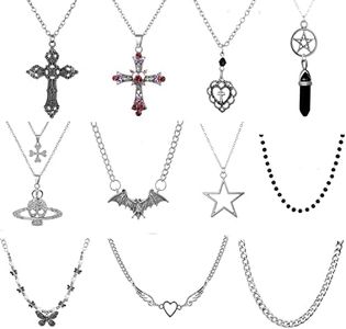 11Pcs Punk Vintage Necklace Set Goth Grunge Saturn Star Indie Butterfly Boho Crystal Y2k Cross Pendent Heart Wing Statement Choker for Women Men, Metal, alloy