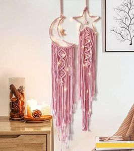Dream Catchers Star Moon Dream Catcher Pink Room Decor, Macrame Dream Catcher Girls Teenager Bedroom Wall Decor,Boho Dreamcatcher Girls Room Decoration Teen Girl Gifts for Women Birthday Gifts Mother