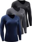 Neleus Women's 3 Pack Compression Shirts Long Sleeve Yoga Athletic Running Shirts,V-Neck,Black/Grey/Navy Blue,M