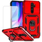 Jhxtech for Redmi Note 8 Pro Case, M1906G7I Case with Tempered Glass Screen Protector and Slide Camera Cover, Magnetic Ring Car Mount Holder Kickstand Protective Cover for Xiaomi Redmi Note 8 Pro Red