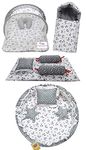 Infantbond Cotton Designer Mattress With Net | Baby Sleeping Bag | 4 Pcs Bedding | 1 Nest(0-6 Months) (Moon Grey), Modern