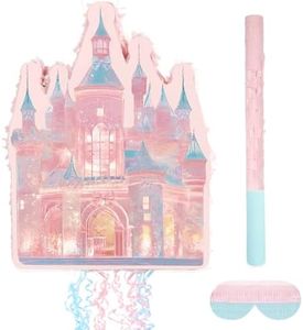 Princess Castle Pinata Set - Coquette Pink Castle Pull String Piñata with Blindfold and Stick for Girls Princess Themed Birthday Party Decorations, Winter Fairy Piñata (16.5’’ x12.4’’)